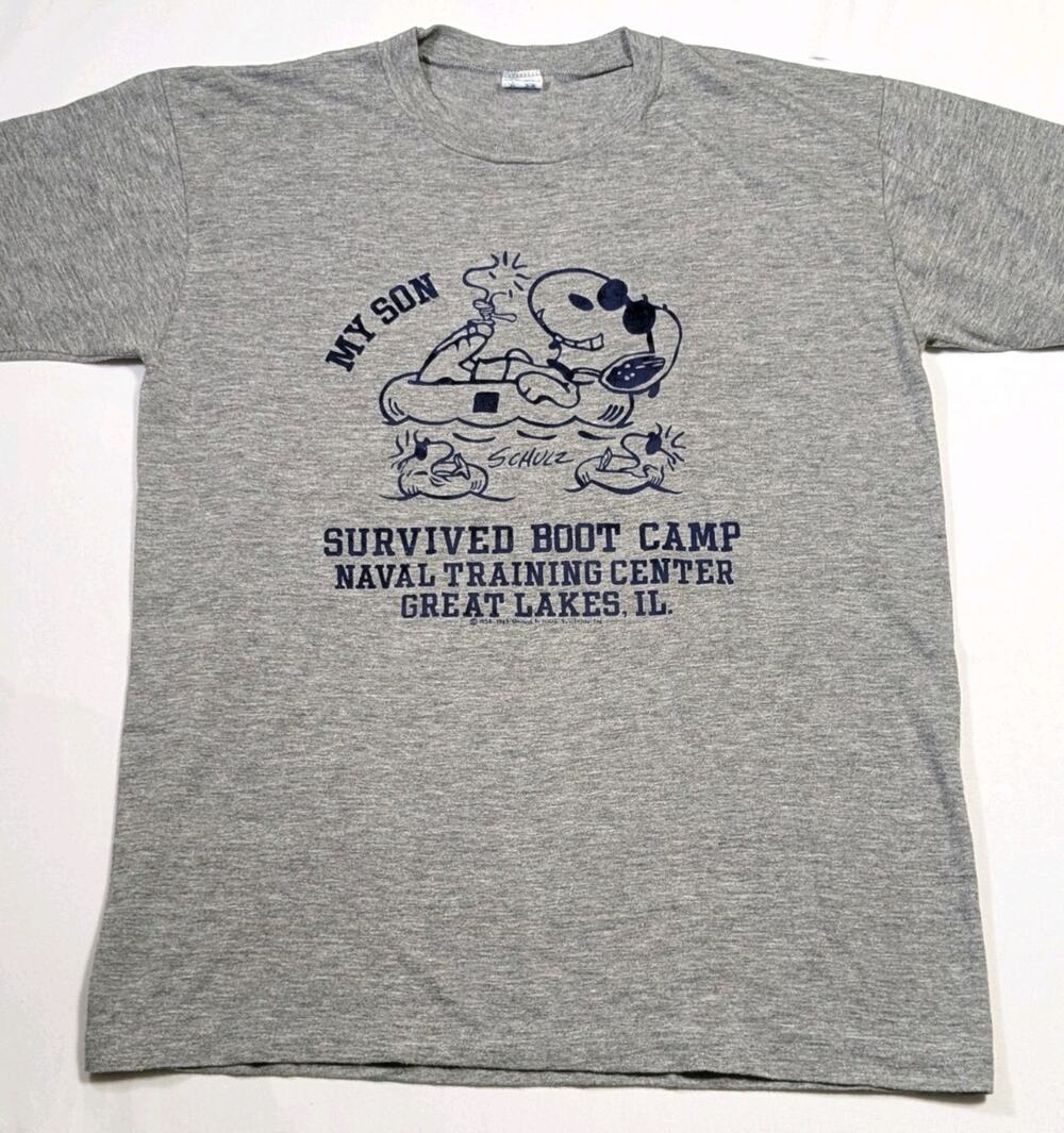 Vintage 80s Peanuts Snoopy & Woodstock Boot Camp Single Stitch Artex T-Shirt L